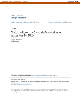 NO to the EURO: the SWEDISH REFERENDUM of SEPTEMBER 14, 2003 Emily E