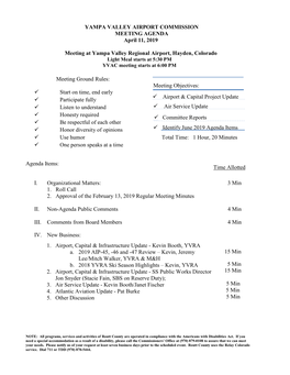 YAMPA VALLEY AIRPORT COMMISSION MEETING AGENDA April 11, 2019