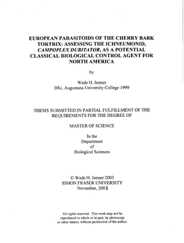 European Parasitoids of the Cherry Bark Tortrix: Assessing the Ichneumonid, Campoplex Dubitator, As a Potential Classical Biological Control Agent for North America