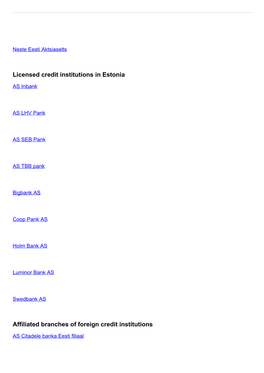 Licensed Credit Institutions in Estonia Affiliated Branches of Foreign Credit