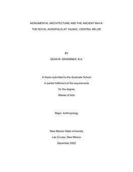 MONUMENTAL ARCHITECTURE and the ANCIENT MAYA: the ROYAL ACROPOLIS at YALBAC, CENTRAL BELIZE by SEAN M. GRAEBNER, B.A. a Thesis S