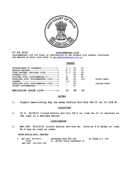 07.04.2016 MEDIATION CAUSE LIST---> 01 to 03 NOTES 1. Urgent Mentioning May Be Made Before Hon'ble DB-II at 10.30A.M