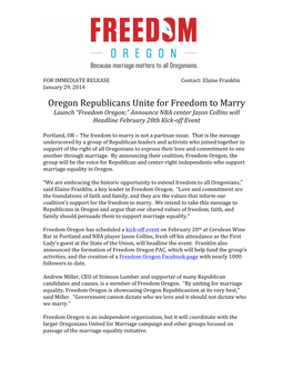 Oregon Republicans Unite for Freedom to Marry Launch “Freedom Oregon;” Announce NBA Center Jason Collins Will Headline February 20Th Kick-Off Event