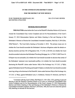 In Re: Thornburg Mortgage, Inc. Securities Litigation 07-CV-00815