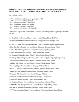 Dictionary C1: Conventional Place Names (Heading Form)