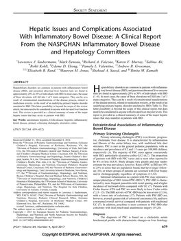 Hepatic Issues and Complications Associated with Inflammatory Bowel Disease: a Clinical Report from the NASPGHAN Inflammatory Bowel Disease and Hepatology Committees