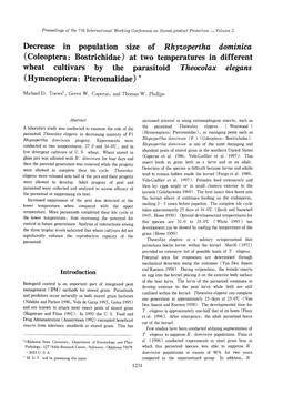 Decrease in Population Size of Rhyzopertha Dominica (Coleoptera: Bostrichidae ) at Two Temperatures in Different Wheat Cultivars