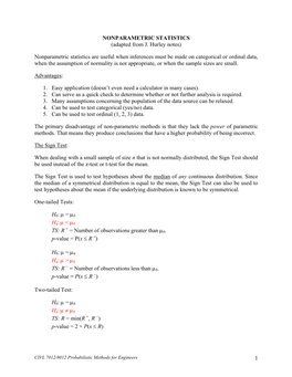 1 NONPARAMETRIC STATISTICS (Adapted from J. Hurley Notes