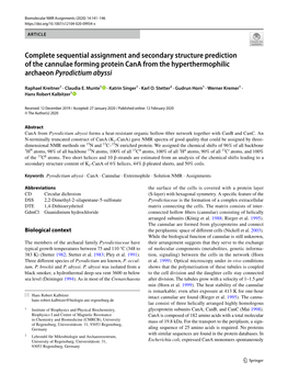 Complete Sequential Assignment and Secondary Structure Prediction of the Cannulae Forming Protein Cana from the Hyperthermophilic Archaeon Pyrodictium Abyssi