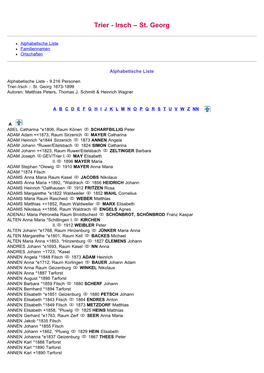 ABC-Listen Zu Familienbuch Rk. Trier-Irsch -St. Georg