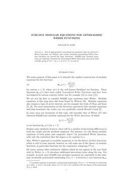 Schlaefli Modular Equations for Generalized Weber Functions