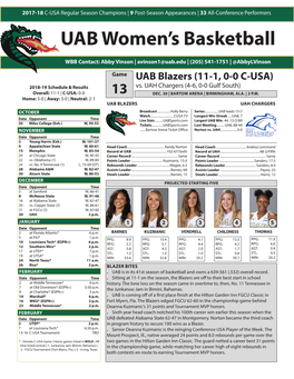 UAB Women's Basketball UAB Combined Team Statistics (As of Dec 12, 2018) All Games