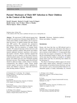 Parents' Disclosure of Their HIV Infection to Their Children in the Context of the Family