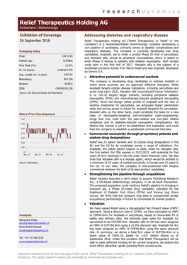 Relief Therapeutics Holding AG Switzerland | Biotechnology