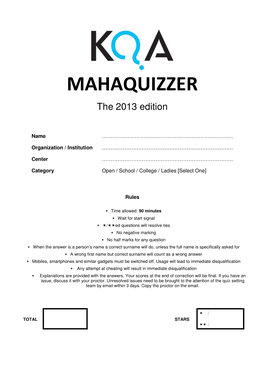 Mahaquizzer 2013 – Karnataka Quiz Association Page 2 of 12