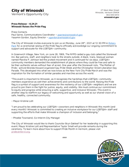 Press Release – 6.24.21 Winooski Raises the Pride Flag