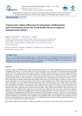 Transoceanic Rafting of Bryozoa (Cyclostomata, Cheilostomata, and Ctenostomata) Across the North Pacific Ocean on Japanese Tsunami Marine Debris