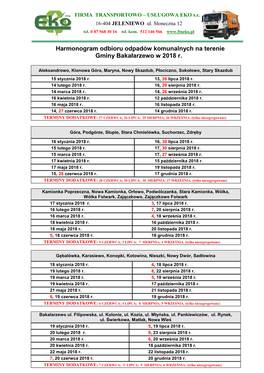 Harmonogram Odbioru Odpadów Komunalnych Na Terenie Gminy Bakałarzewo W 2018 R