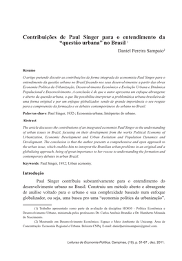 Contribuições De Paul Singer Para O Entendimento Da “Questão Urbana” No Brasil  Daniel Pereira Sampaio