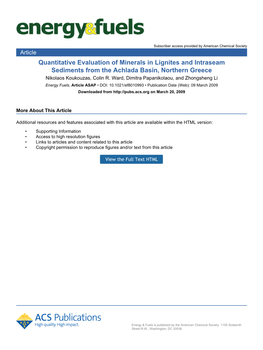 Quantitative Evaluation of Minerals in Lignites and Intraseam Sediments from the Achlada Basin, Northern Greece Nikolaos Koukouzas, Colin R