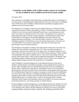 Committee on the Rights of the Child Examines Reports of Azerbaijan on Sale of Children and on Children Involved in Armed Conflict