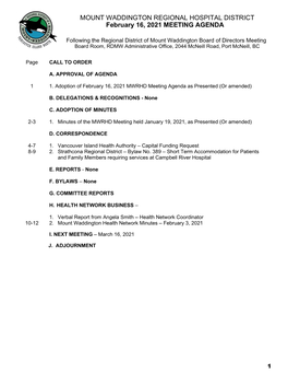 MOUNT WADDINGTON REGIONAL HOSPITAL DISTRICT February 16, 2021 MEETING AGENDA