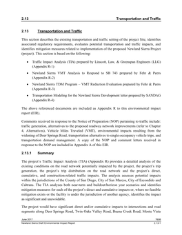 2.13 Transportation and Traffic 2.13 Transportation and Traffic This Section Describes the Existing Transportation and Traffic S