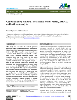 Genetic Diversity of Native Turkish Cattle Breeds: Mantel, AMOVA and Bottleneck Analysis