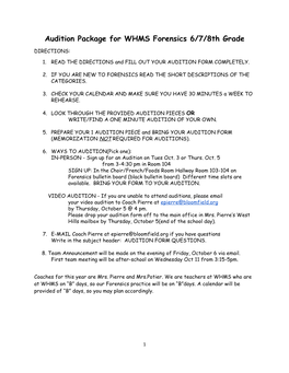 Audition Package for WHMS Forensics 6/7/8Th Grade ​ ​ ​ ​ ​ ​ ​ ​ ​ ​ ​ ​ DIRECTIONS