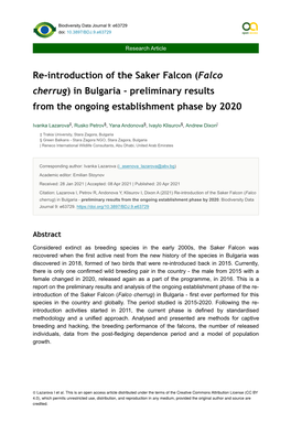 Re-Introduction of the Saker Falcon (Falco Cherrug) in Bulgaria - Preliminary Results from the Ongoing Establishment Phase by 2020