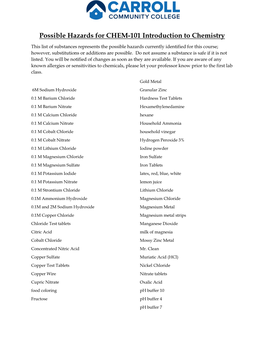 Possible Hazards for CHEM-101 Introduction to Chemistry