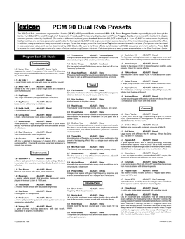 PCM 90 Dual Rvb Presets PCM 90 Dual Rvb Presets the 200 Dual Rvb Presets Are Organized in 4 Banks (X0-X3) of 50 Presets/Bank (Numbered 0.0 Ð 4.9)