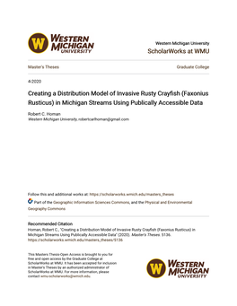 Creating a Distribution Model of Invasive Rusty Crayfish (Faxonius Rusticus) in Michigan Streams Using Publically Accessible Data