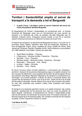 Territori I Sostenibilitat Amplia El Servei De Transport a La Demanda a Tot El Berguedà