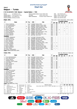 Start List Belgium - Tunisia # 29 23 JUN 2018 15:00 Moscow / Spartak Stadium / RUS