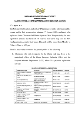NATIONAL IDENTIFICATION AUTHORITY PRESS RELEASE CARD ISSUANCE at HEADQUARTERS and CO-LOCATION CENTERS 7Th August 2021 the Nation