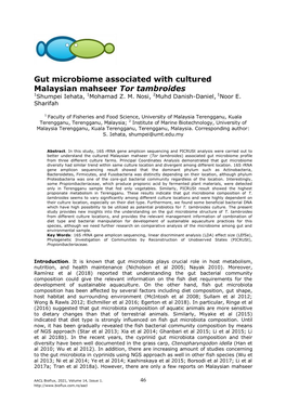 Gut Microbiome Associated with Cultured Malaysian Mahseer Tor Tambroides 1Shumpei Iehata, 1Mohamad Z