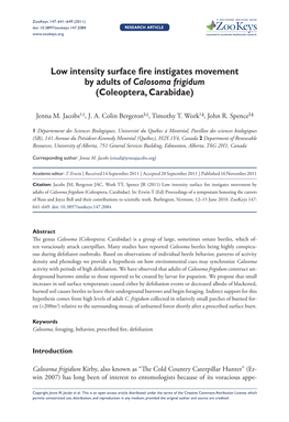 Low Intensity Surface Fire Instigates Movement by Adults of Calosoma Frigidum (Coleoptera, Carabidae)