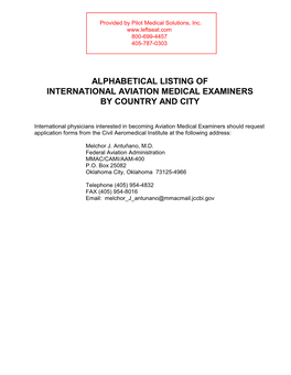 Alphabetical Listing of International Aviation Medical Examiners by Country and City