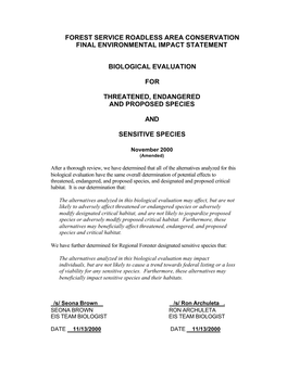 Forest Service Roadless Area Conservation Final Environmental Impact Statement