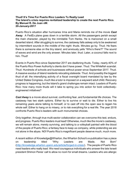 Thud! It's Time for Puerto Rico Leaders to Really Lead the Island's Crisis Requires Revitalized Leadership to Create The