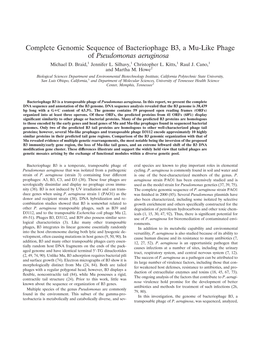 Complete Genomic Sequence of Bacteriophage B3, a Mu-Like Phage of Pseudomonas Aeruginosa Michael D
