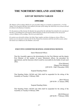 The Northern Ireland Assembly List of Motions Tabled 1999/2000