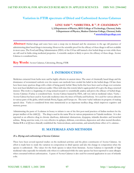Variation in FTIR Spectrum of Dried and Carbonized Acorus Calamus I