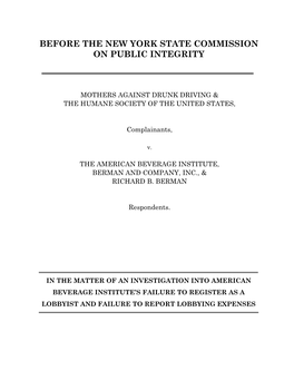 Complaint Requesting an Investigation and Enforcement Action Concerning Illegal Lobbying in Violation of New York State’S