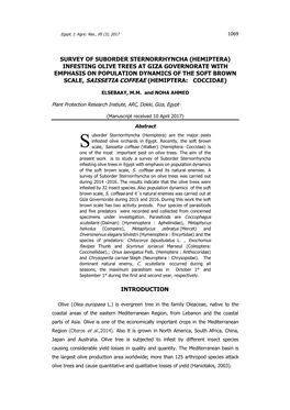 Hemiptera) Infesting Olive Trees at Giza Governorate with Emphasis on Population Dynamics of the Soft Brown Scale, Saissetia Coffeae (Hemiptera: Coccidae