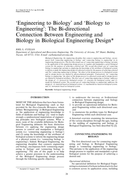 Biology to Engineering': the Bi-Directional Connection Between Engineering and Biology in Biological Engineering Design*