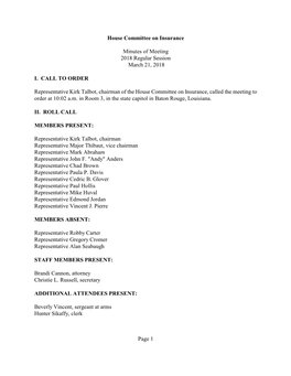 House Committee on Insurance Minutes of Meeting 2018 Regular Session March 21, 2018 I. CALL to ORDER Representative Kirk Talbot