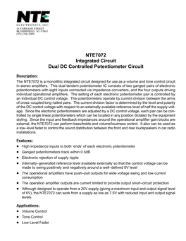 NTE7072 Integrated Circuit Dual DC Controlled Potentiometer Circuit