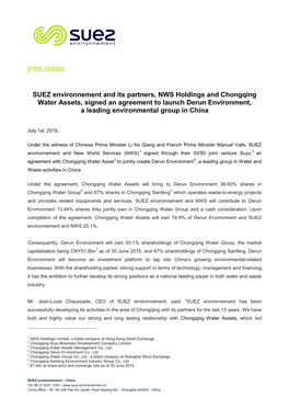 SUEZ Environnement and Its Partners, NWS Holdings and Chongqing Water Assets, Signed an Agreement to Launch Derun Environment, a Leading Environmental Group in China